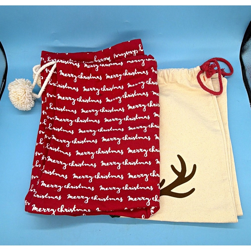 2pc Christmas Drawstring Fabric Gift Pouches Red & White/White Do Not Open